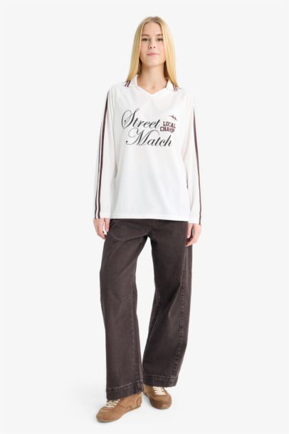 Oversized Fit Polo Neck Long Sleeve T-Shirt