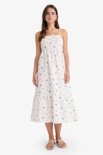 Square Collar Floral Poplin Midi Dress