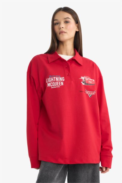 Cars Oversize Fit Polo Collar Back Print Sweatshirt