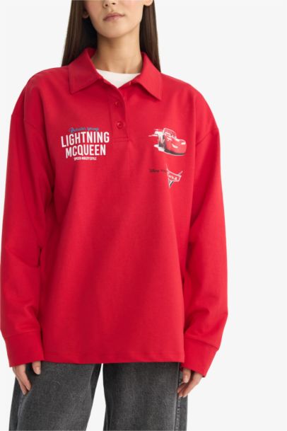 Cars Oversize Fit Polo Collar Back Print Sweatshirt