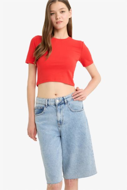 Fitted Crop Basic Red Short Sleeve T-Shirt