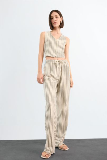 Fitted Çizgili Üç Cepli Uzun Pantolon