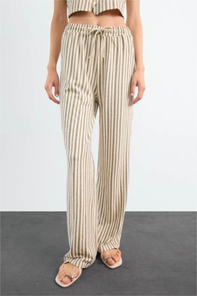 Fitted Çizgili Üç Cepli Uzun Pantolon