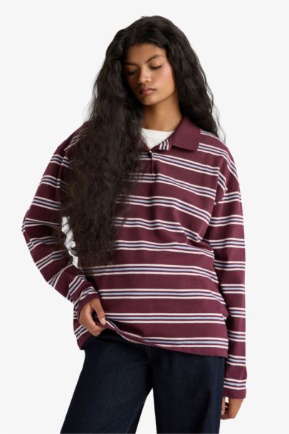 Relax Fit Polo Neck Striped Sweatshirt