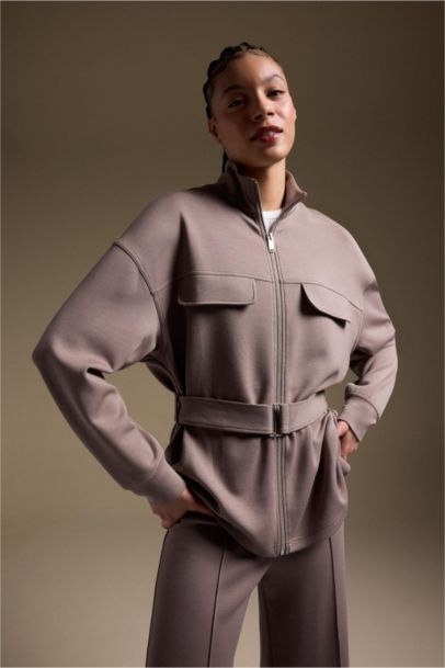 سويت شيرت بسوستة منسوج قصة طويلة بياقة عالية 