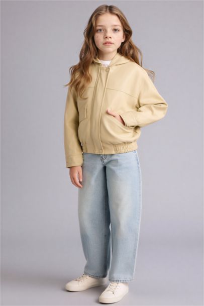 Girl Hooded Faux Leather Jacket