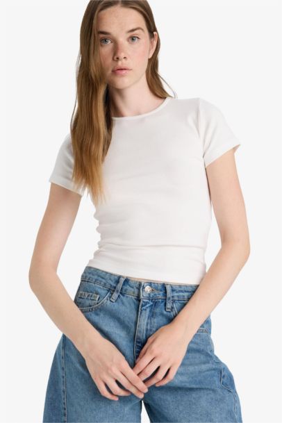 Fitted Crew Neck Ribbed Short Sleeve T-Shirt