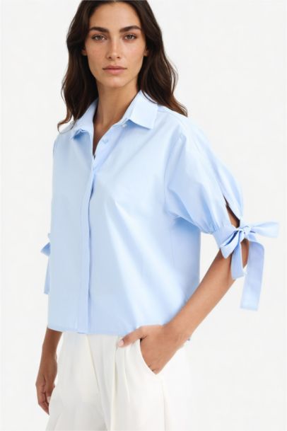 %100 Pamuk Regular Fıt Bağlama Detaylı Poplin Gömlek