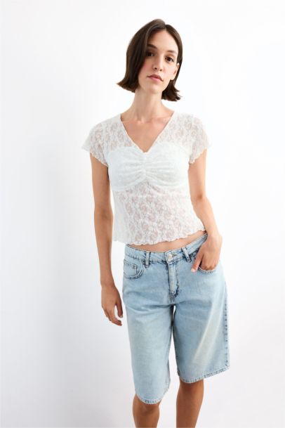 Slim Fit Crew Neck Lace Short Sleeve T-Shirt