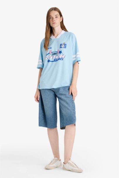 Oversize Fit Lilo & Stitch print V-neck T-shirt