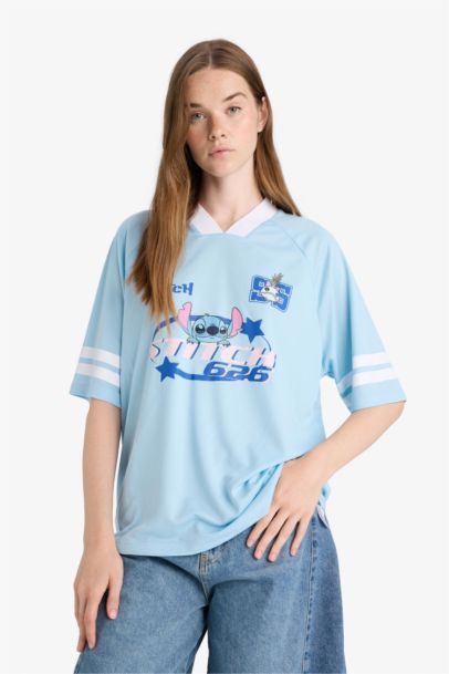 Oversize Fit Lilo & Stitch print V-neck T-shirt