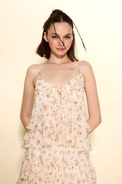 Regular Fit Dokulu Önden Bağlamalı Askılı Bluz