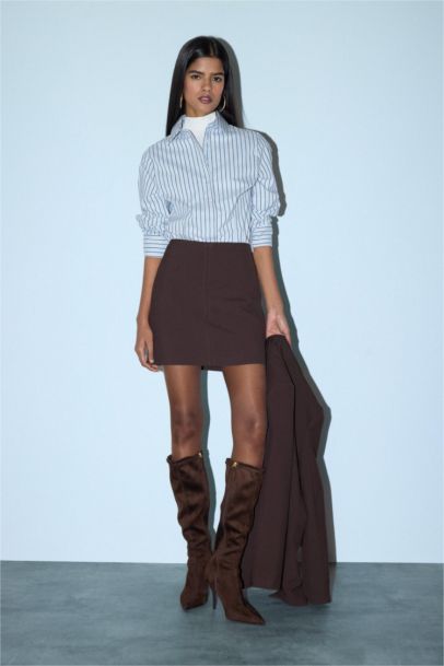 قميص مخطط ردن طويل بوبلين مخصر