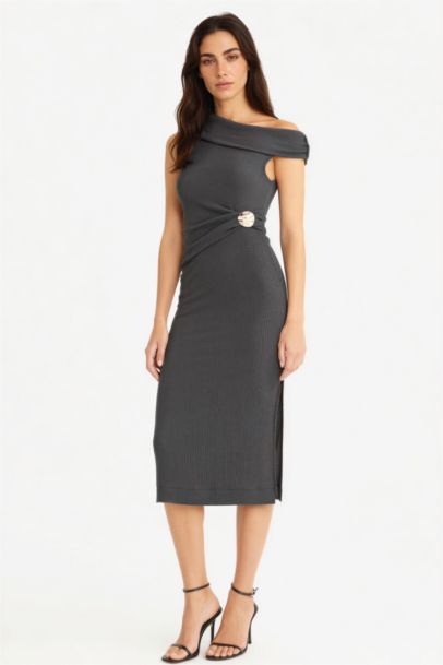 Robe mi-longue côtelée asymétrique Coupe régulière