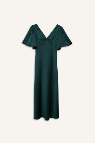 Платье с коротким рукавом стандартного кроя с V-образным вырезом из сатина