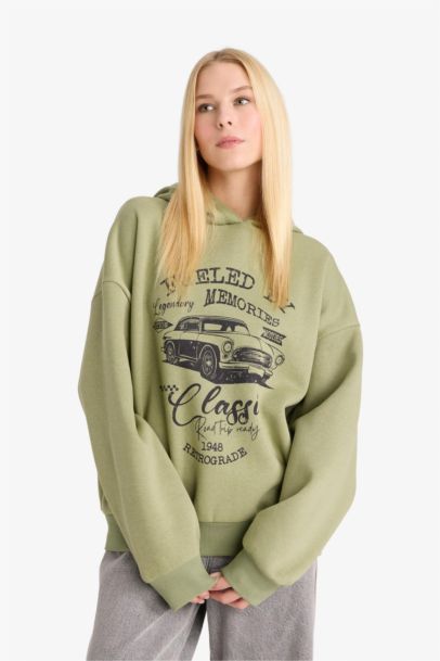 Overshirt Fit Hooded Printed Sweatshirt