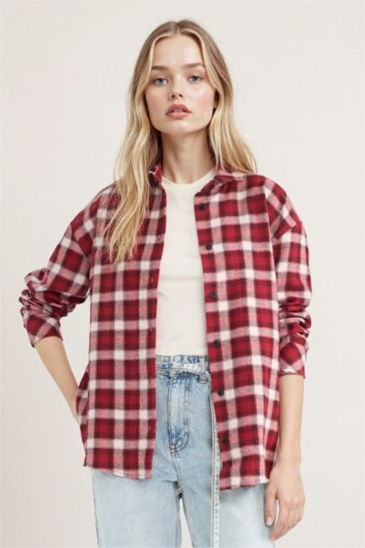 قميص كم طويل كاروهات اوفر سايز برقبة قميص