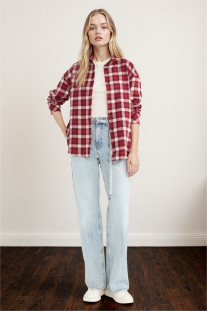 قميص كم طويل كاروهات اوفر سايز برقبة قميص