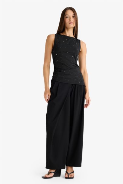 Asymmetrical Square Neck Polka Dot Sleeveless Blouse