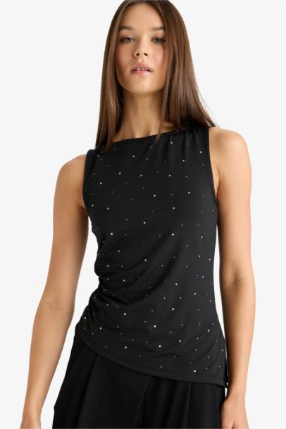 Asymmetrical Square Neck Polka Dot Sleeveless Blouse