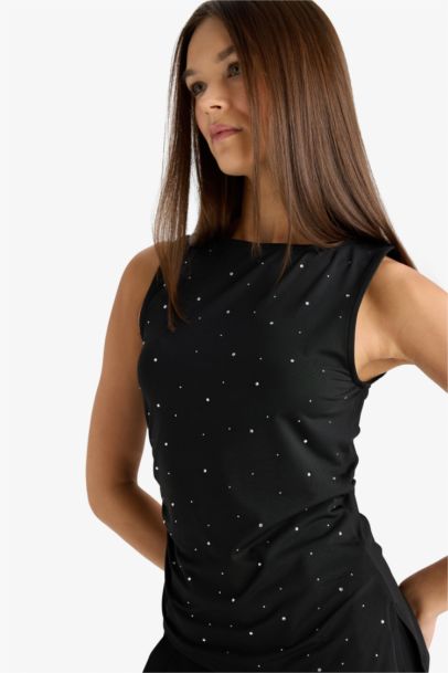 Asymmetrical Square Neck Polka Dot Sleeveless Blouse