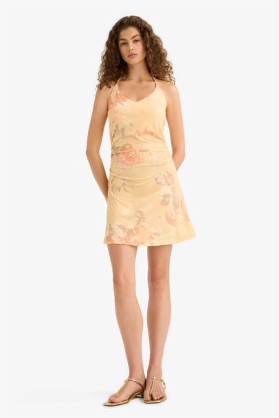 V Yaka Çiçek Desenli Askılı Mini Elbise