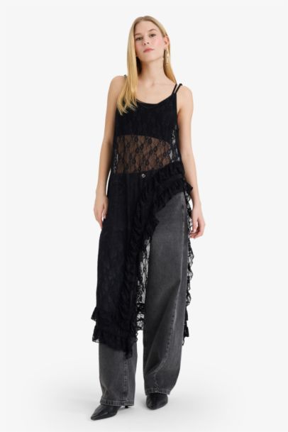 A-Line V-Neck Lace Strappy Maxi Dress