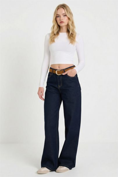 Wide Leg Regular Hem Denim Trousers