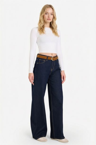 Wide Leg Regular Hem Denim Trousers