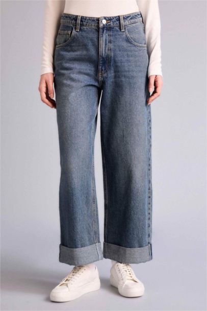 Baggy Fıt Yüksek Bel Katlamalı Paça Jean Pantolon