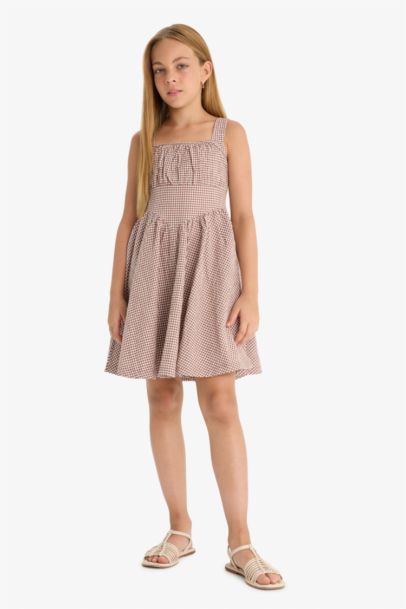 Krinkıl Viskon Kareli Askılı Elbise Kız Çocuk
