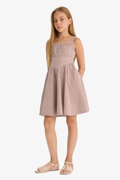 Krinkıl Viskon Kareli Askılı Elbise Kız Çocuk