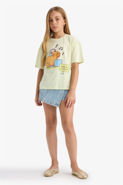 Relax Fit Bisiklet Yaka Baskılı Kısa Kollu Tişört Kız Çocuk