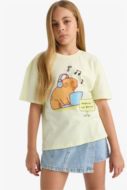 Relax Fit Bisiklet Yaka Baskılı Kısa Kollu Tişört Kız Çocuk