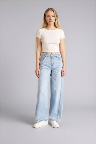 Wide Leg Regular Hem Denim Trousers