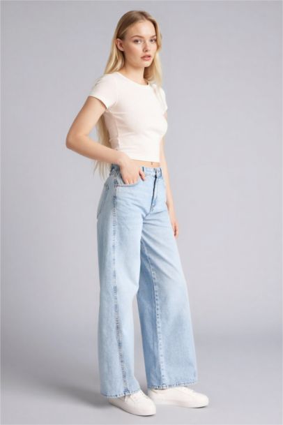 Wide Leg Regular Hem Denim Trousers