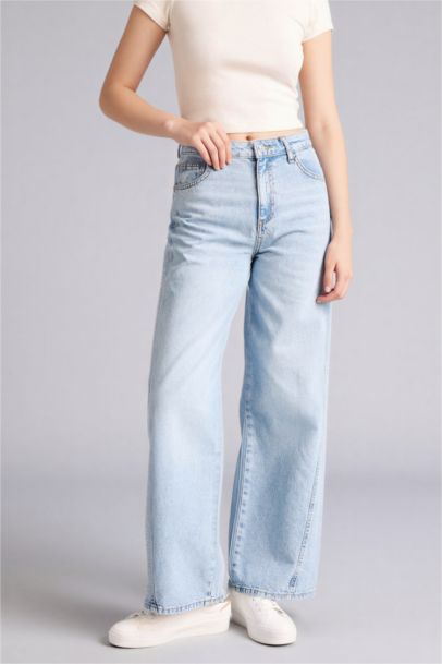 Wide Leg Regular Hem Denim Trousers