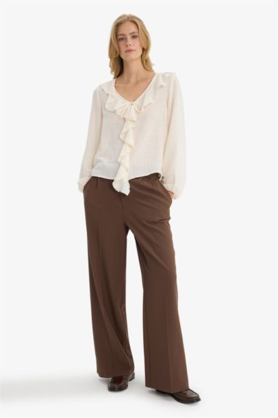 Regular Fit V-Neck Flounce Cotton Blouse