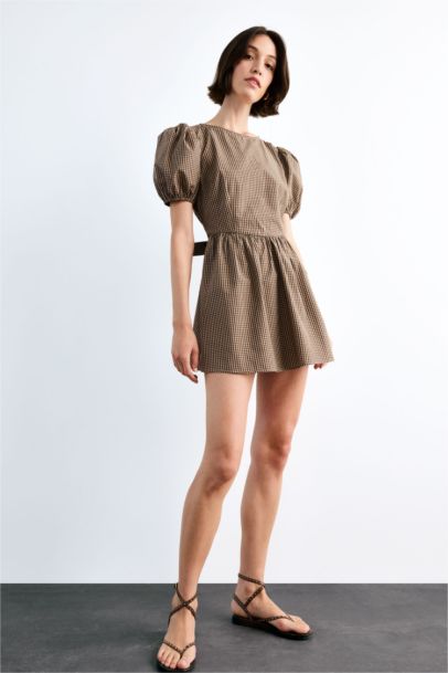 Fitted Kareli Poplin Kısa Kollu Mini Elbise