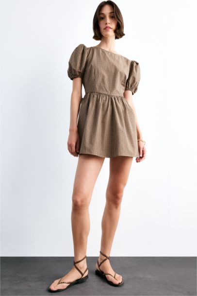 Fitted Kareli Poplin Kısa Kollu Mini Elbise