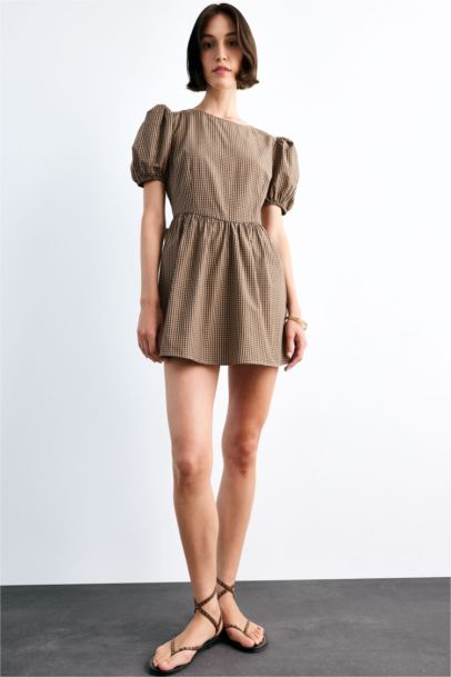 Fitted Kareli Poplin Kısa Kollu Mini Elbise