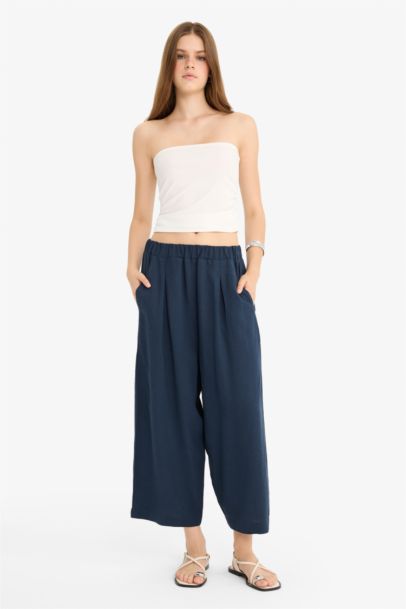 Balloon Fit Regular Waist Cropped Linen Blend Trousers