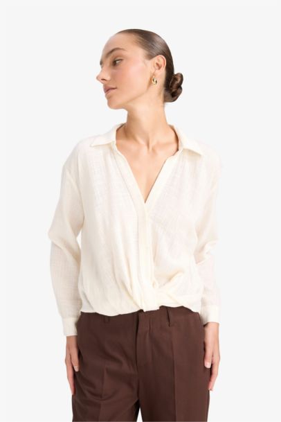 Regular Fıt Gömlek Yaka Pamuklu Uzun Kollu Bluz