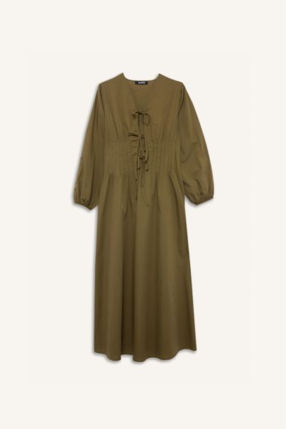 Robe longue en popeline à col V et noeuds à manches longues