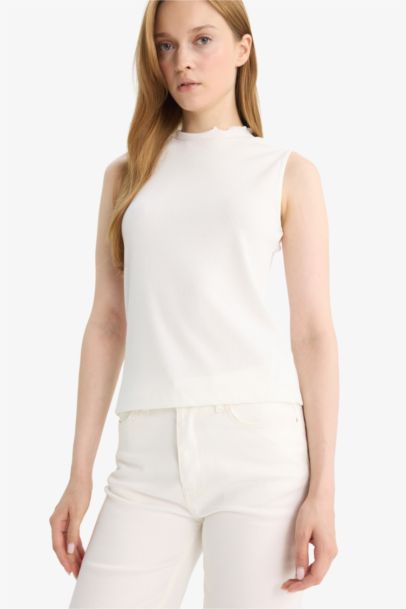 Slim Fit Half Turtleneck Ribbed Sleeveless Tunic