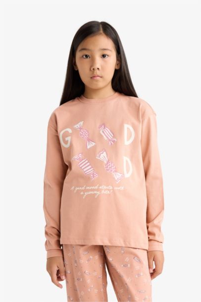 Pijama Takımı Baskılı Uzun Kollu Üst Uzun Alt Kız Çocuk