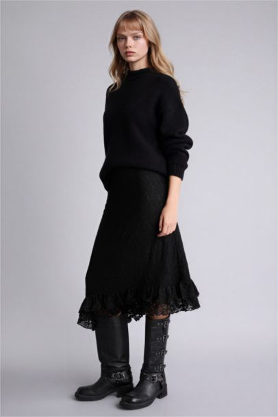 Coool A Line Lace Combed Lining Normal Waist Midi Knitted Skirt