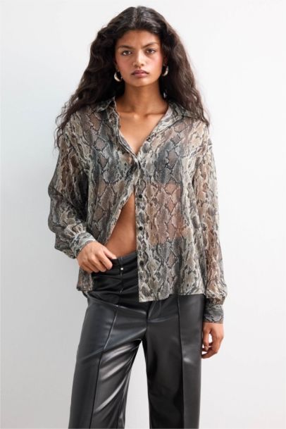 Regular Fit Snakeskin Patterned Chiffon Shirt