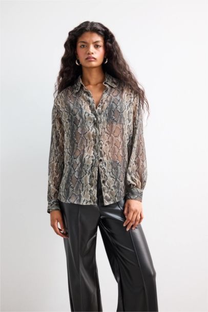 Regular Fit Snakeskin Patterned Chiffon Shirt