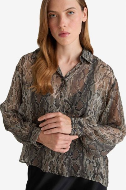 Regular Fit Snakeskin Patterned Chiffon Shirt